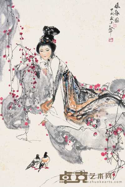 伍启中 甲戌（1994）年作 鸽趣图 立轴 68×46cm